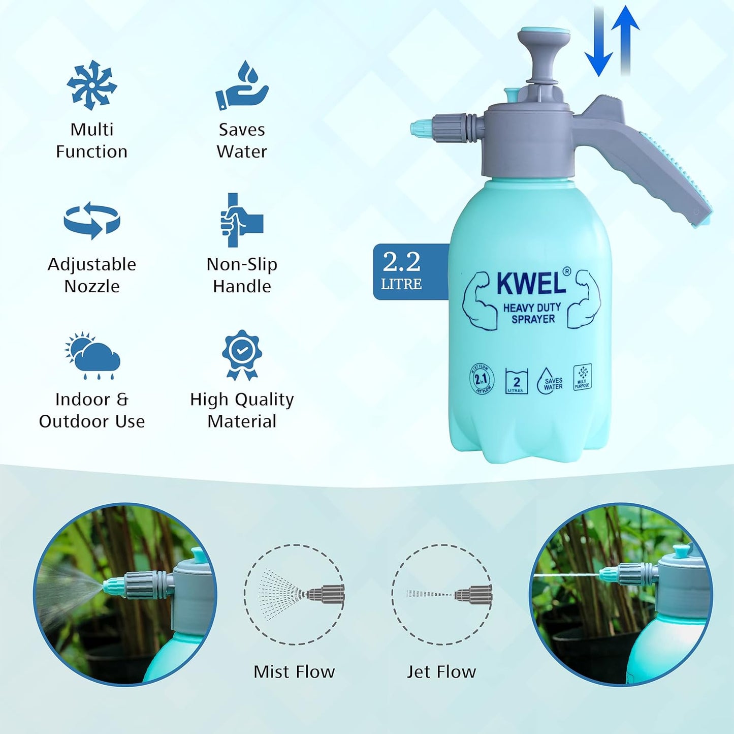 KREN Heavy Duty 2 Litre Garden Pump Pressure Sprayer, Lawn Sprinkler, Water Mister, 2-in-1 Spray Bottle